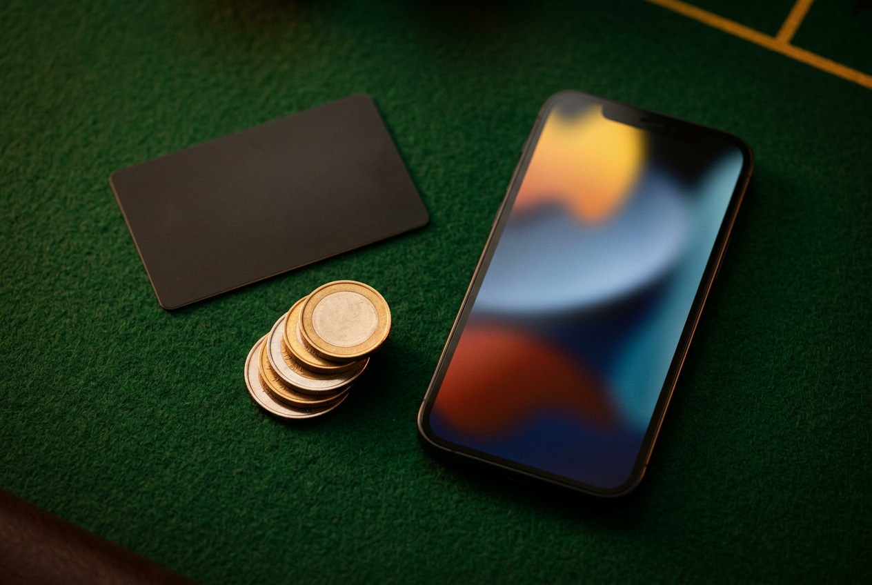 Detailní záběr na smartphone se svítícím displejem vedle platební karty a malého komínku mincí na tmavém podkladu